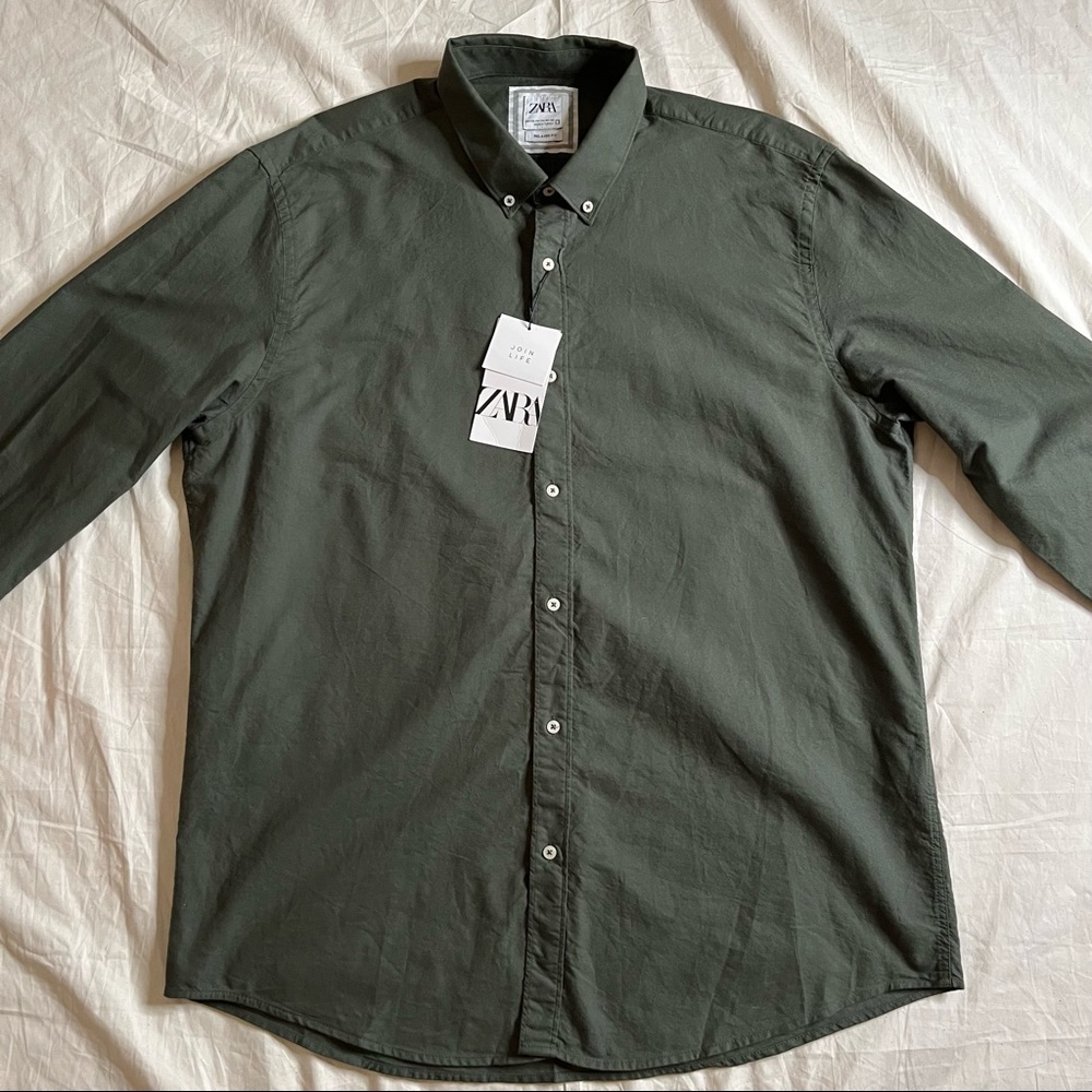 NWT Zara Mens Green Cotton Button Down Size XXL